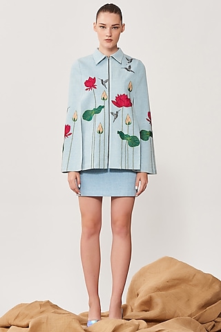 Sky Blue Thick Washed Denim Mini Skirt by Shahin Mannan