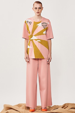 Peach Hand Embroidered T-Shirt by Shahin Mannan