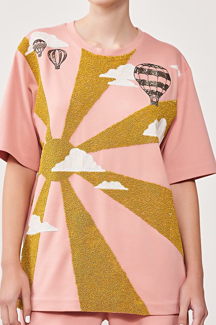 Peach Hand Embroidered T-Shirt by Shahin Mannan at Pernia's Pop Up Shop