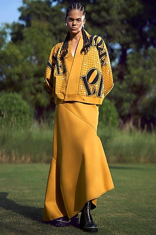 Mustard Jersey Asymmetric Skirt by Shahin Mannan