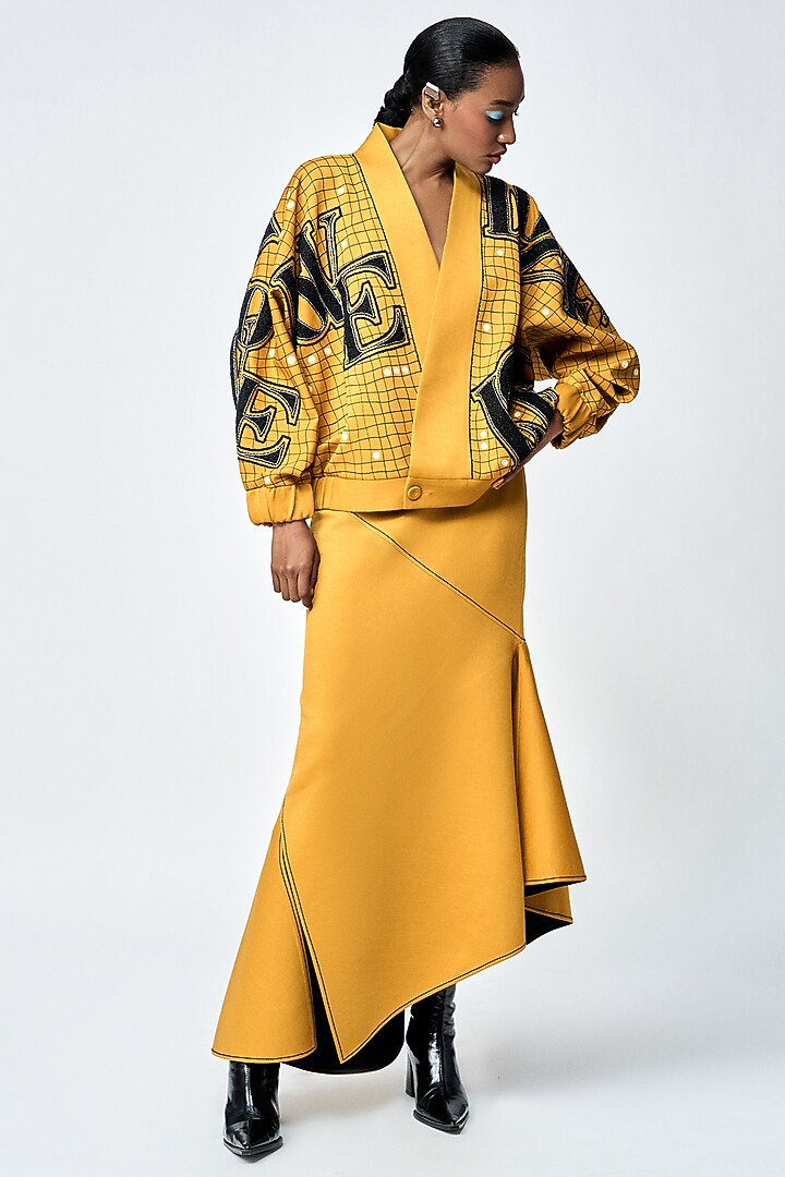 Mustard Jersey Asymmetric Skirt by Shahin Mannan at Pernia's Pop Up Shop