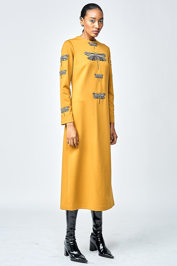 Mustard Jersey Midi Cocktail Dress by Shahin Mannan at Pernia's Pop Up Shop