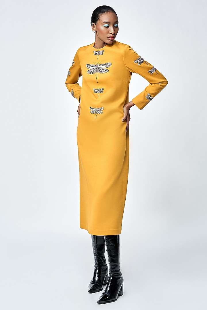 Mustard Jersey Midi Cocktail Dress by Shahin Mannan at Pernia's Pop Up Shop