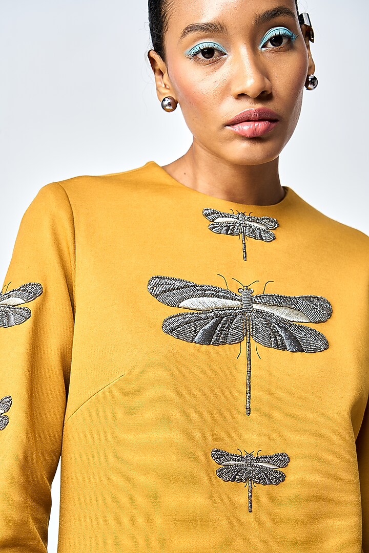 Mustard Jersey Midi Cocktail Dress by Shahin Mannan at Pernia's Pop Up Shop