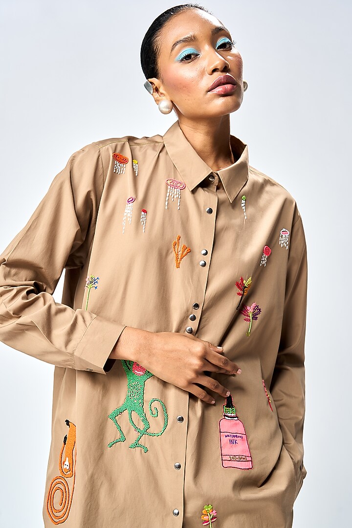 Mud-Colored Poplin Baggy Shirt by Shahin Mannan at Pernia's Pop Up Shop