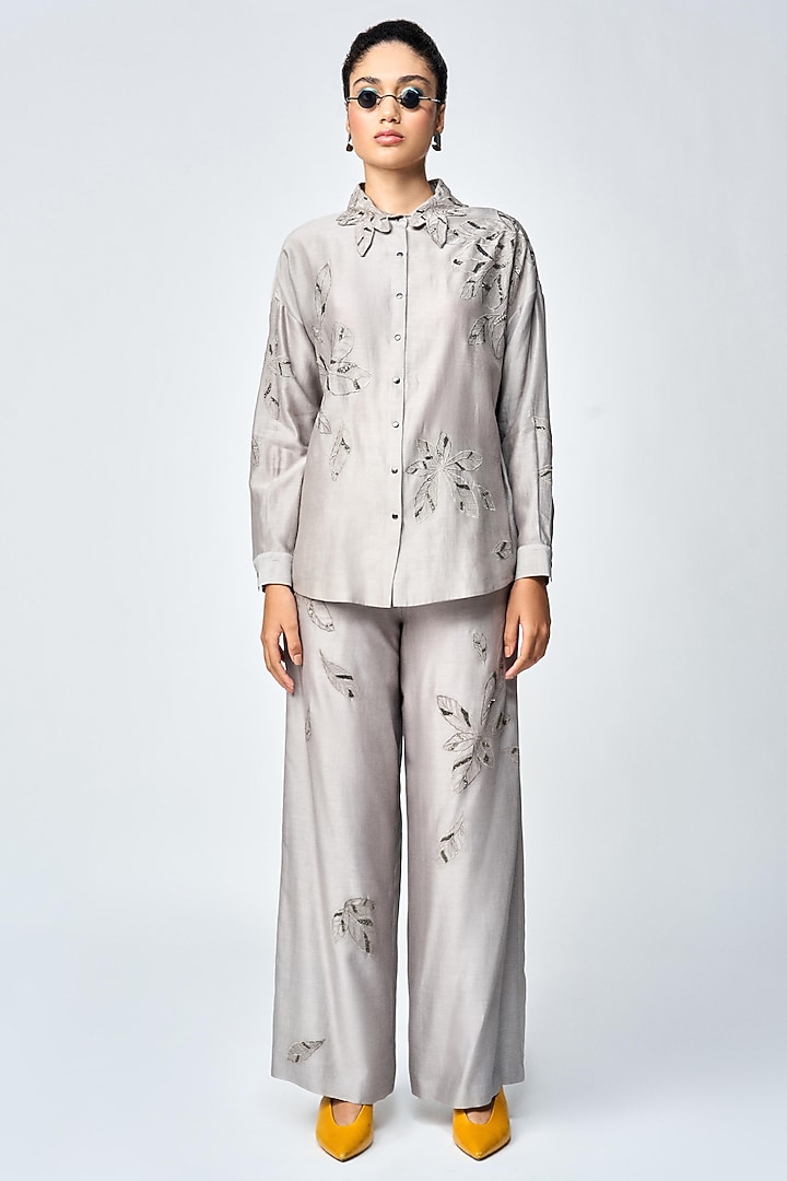 Grey Silk Chanderi Co-Ord Set by Shahin Mannan at Pernia's Pop Up Shop