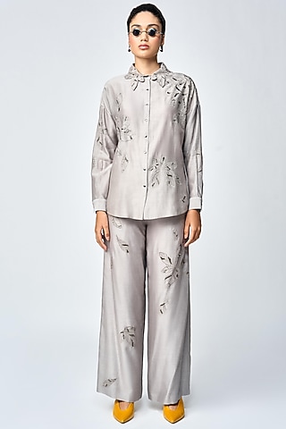 Grey Silk Chanderi Asymmetric Shirt by Shahin Mannan