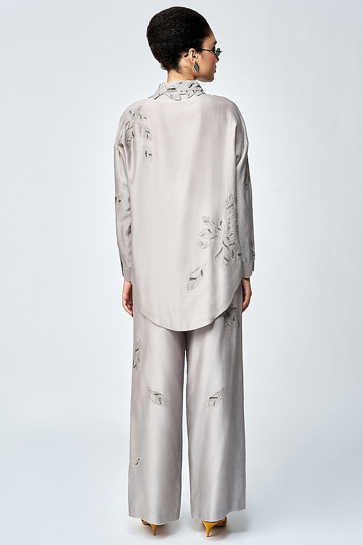Grey Silk Chanderi Asymmetric Shirt by Shahin Mannan at Pernia's Pop Up Shop