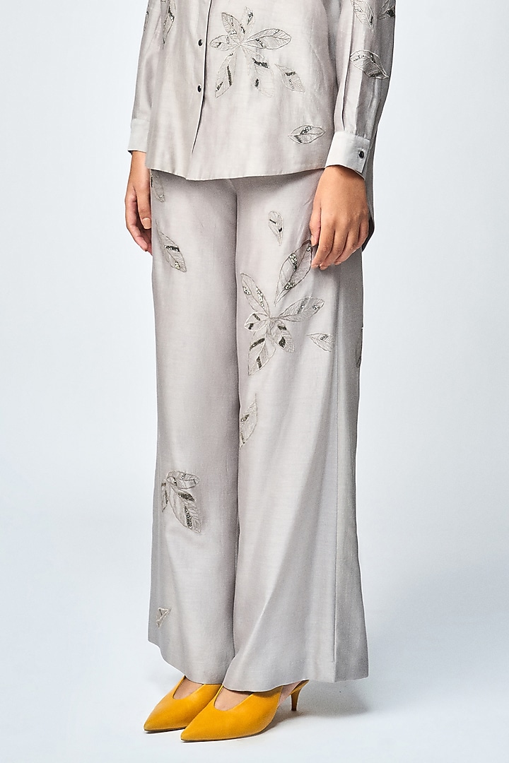 Grey Silk Chanderi Flared Pants by Shahin Mannan at Pernia's Pop Up Shop