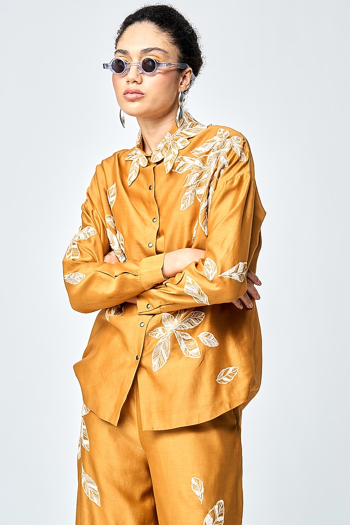 Gold Silk Chanderi Asymmetric Shirt by Shahin Mannan at Pernia's Pop Up Shop