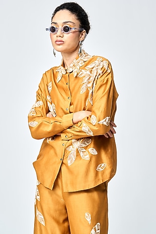 Gold Silk Chanderi Asymmetric Shirt by Shahin Mannan