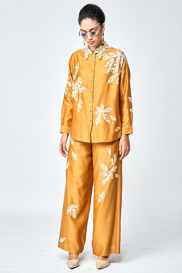 Gold Silk Chanderi Asymmetric Shirt by Shahin Mannan at Pernia's Pop Up Shop