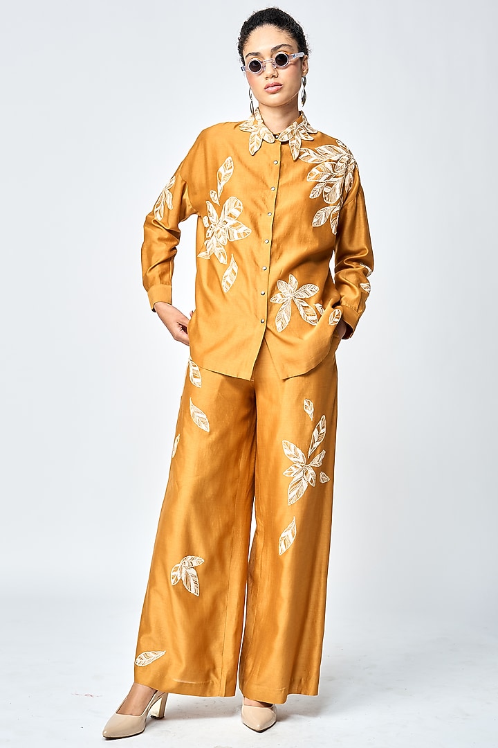Gold Silk Chanderi Asymmetric Shirt by Shahin Mannan at Pernia's Pop Up Shop