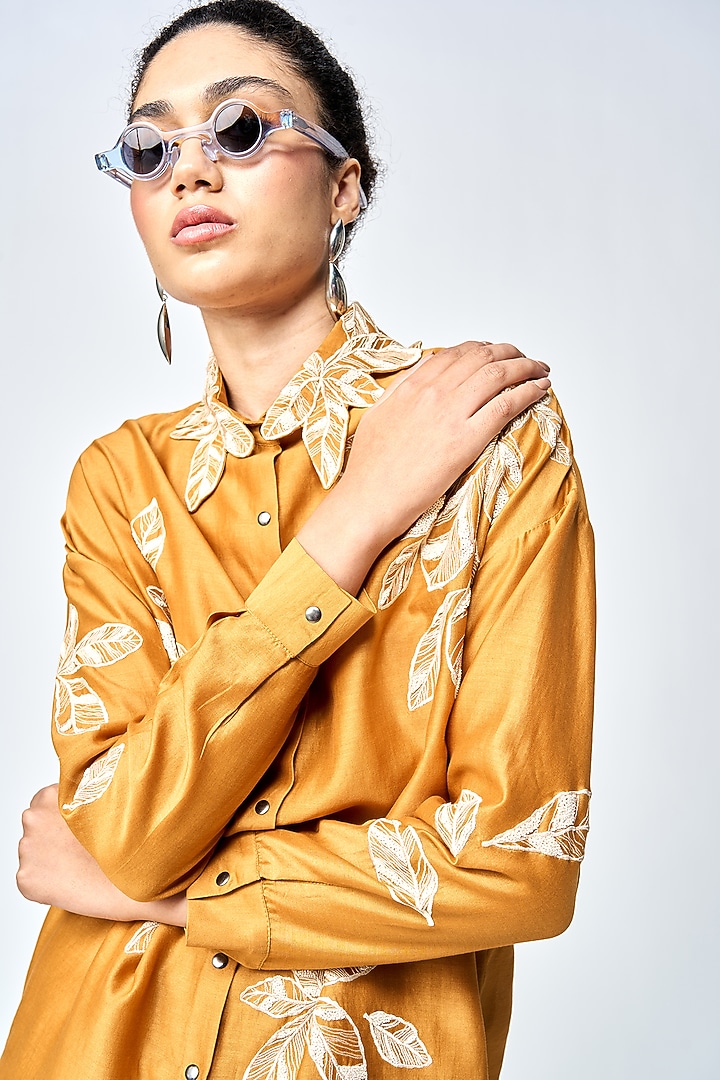 Gold Silk Chanderi Asymmetric Shirt by Shahin Mannan at Pernia's Pop Up Shop