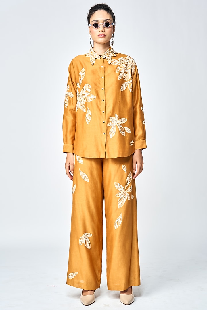 Gold Silk Chanderi Flared Pants by Shahin Mannan at Pernia's Pop Up Shop