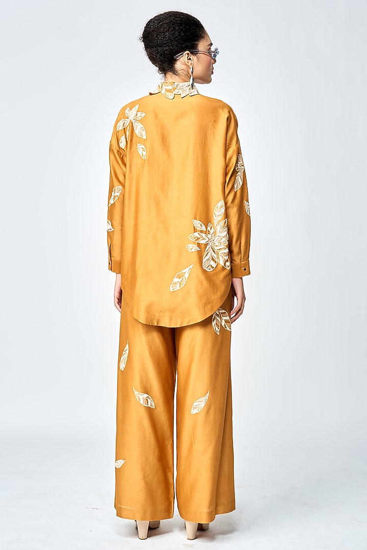 Gold Silk Chanderi Flared Pants by Shahin Mannan at Pernia's Pop Up Shop