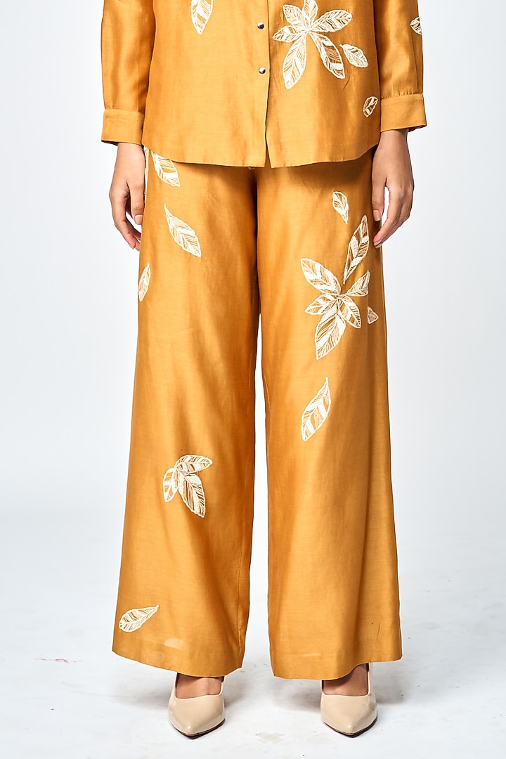 Gold Silk Chanderi Flared Pants by Shahin Mannan at Pernia's Pop Up Shop
