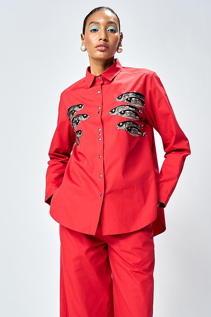 Deep Red Poplin Shirt by Shahin Mannan at Pernia's Pop Up Shop