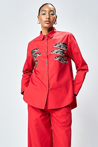 Deep Red Poplin Shirt by Shahin Mannan