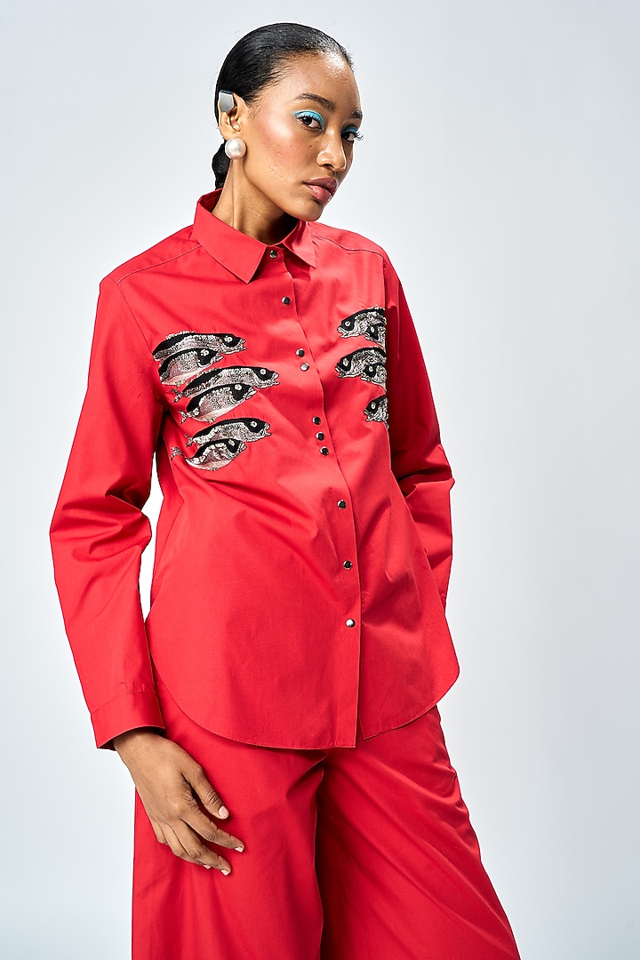 Deep Red Poplin Shirt by Shahin Mannan at Pernia's Pop Up Shop