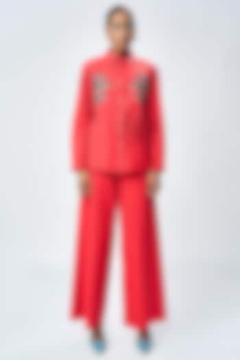 Deep Red Poplin Flared Pants by Shahin Mannan at Pernia's Pop Up Shop