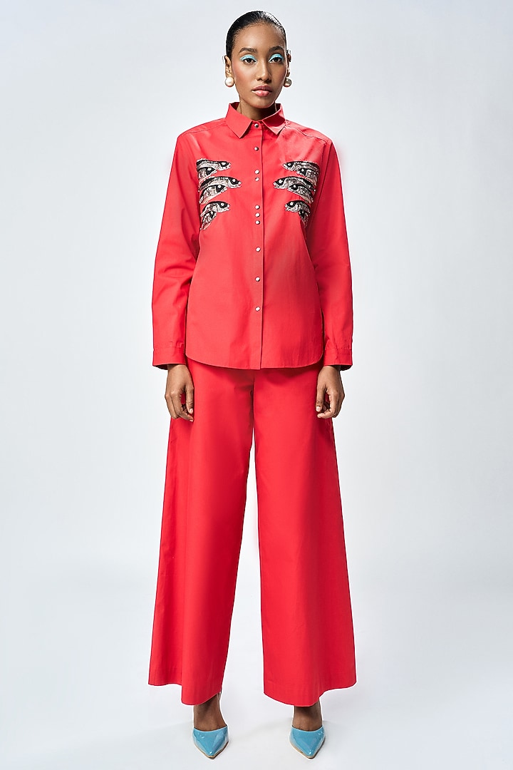 Deep Red Poplin Flared Pants by Shahin Mannan at Pernia's Pop Up Shop