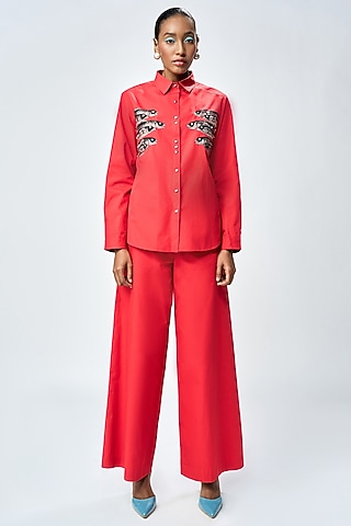 Deep Red Poplin Flared Pants by Shahin Mannan