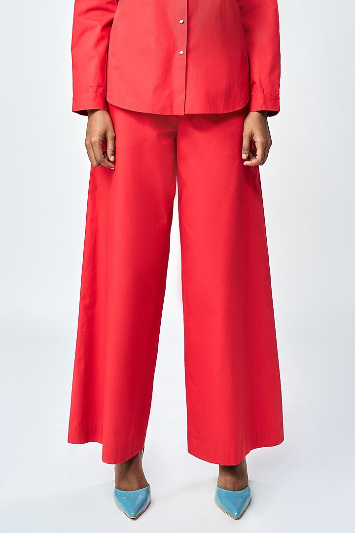 Deep Red Poplin Flared Pants by Shahin Mannan at Pernia's Pop Up Shop