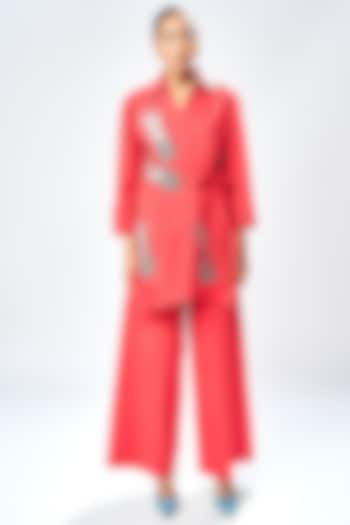 Deep Red Poplin Flared Pants by Shahin Mannan at Pernia's Pop Up Shop