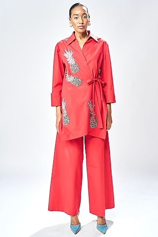 Deep Red Poplin Flared Pants by Shahin Mannan