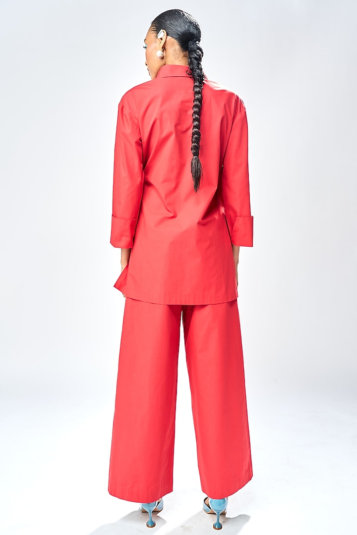 Deep Red Poplin Flared Pants by Shahin Mannan at Pernia's Pop Up Shop
