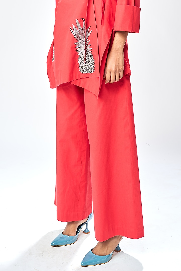 Deep Red Poplin Flared Pants by Shahin Mannan at Pernia's Pop Up Shop