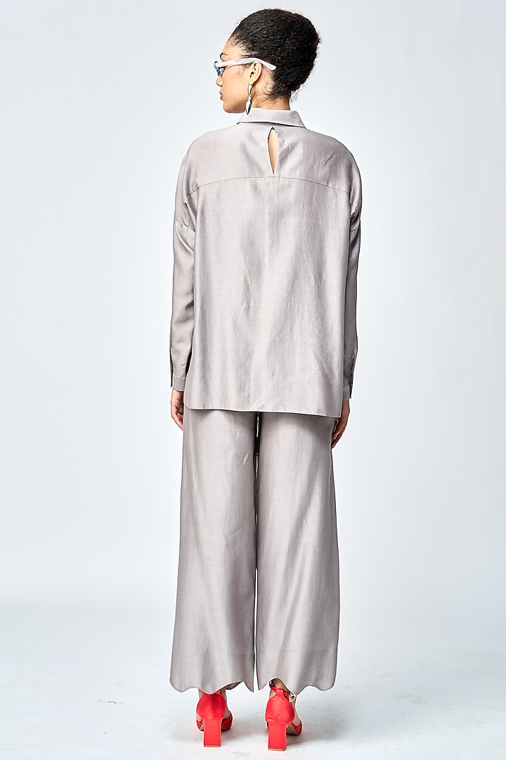 Grey Silk Chanderi Boxy Shirt by Shahin Mannan at Pernia's Pop Up Shop