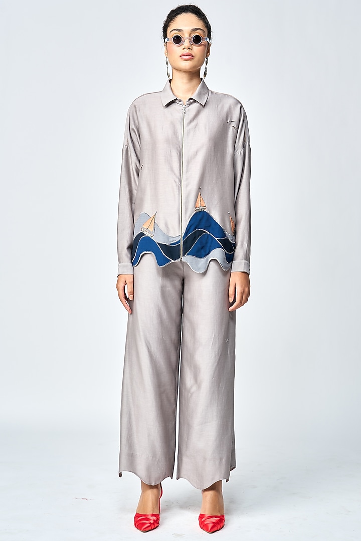 Grey Silk Chanderi Boxy Shirt by Shahin Mannan at Pernia's Pop Up Shop