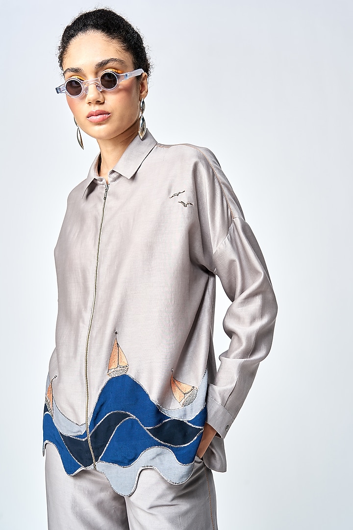 Grey Silk Chanderi Boxy Shirt by Shahin Mannan at Pernia's Pop Up Shop