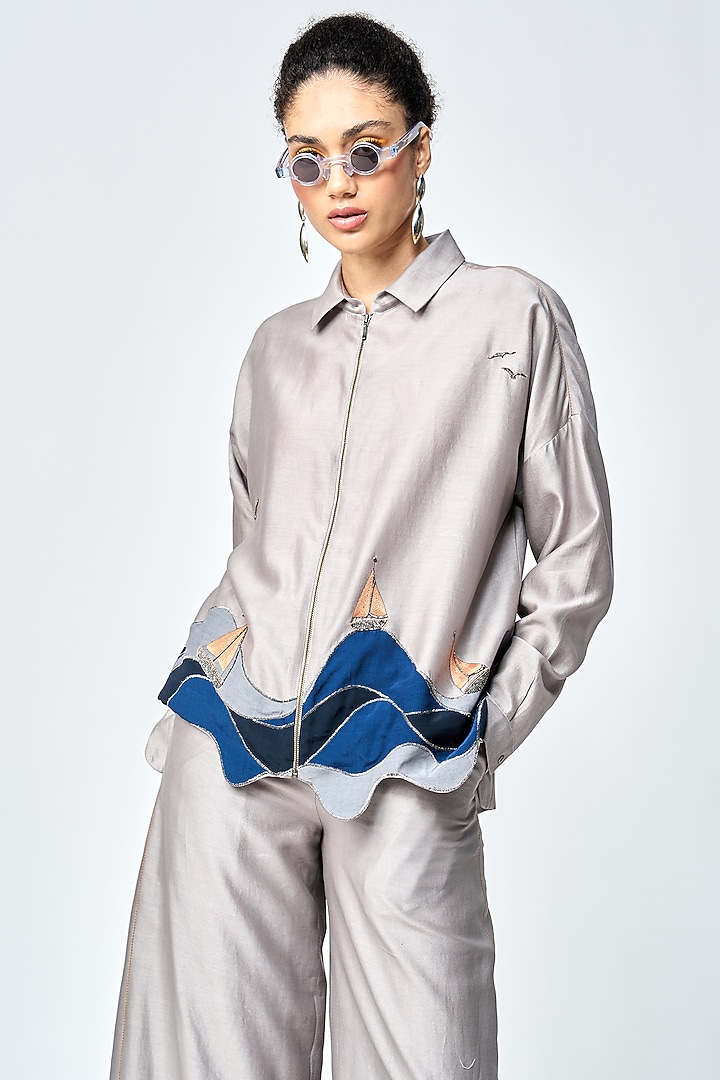 Grey Silk Chanderi Boxy Shirt by Shahin Mannan at Pernia's Pop Up Shop