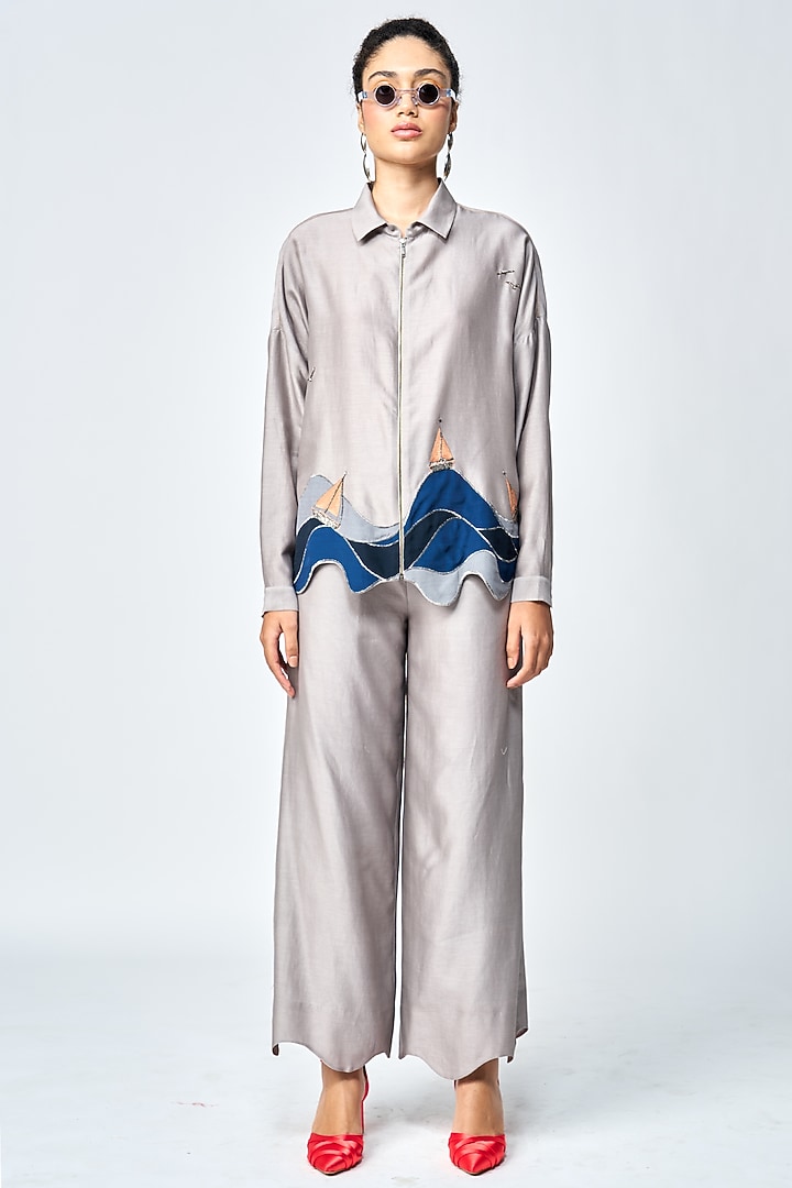 Grey Silk Chanderi Flared Pants by Shahin Mannan at Pernia's Pop Up Shop