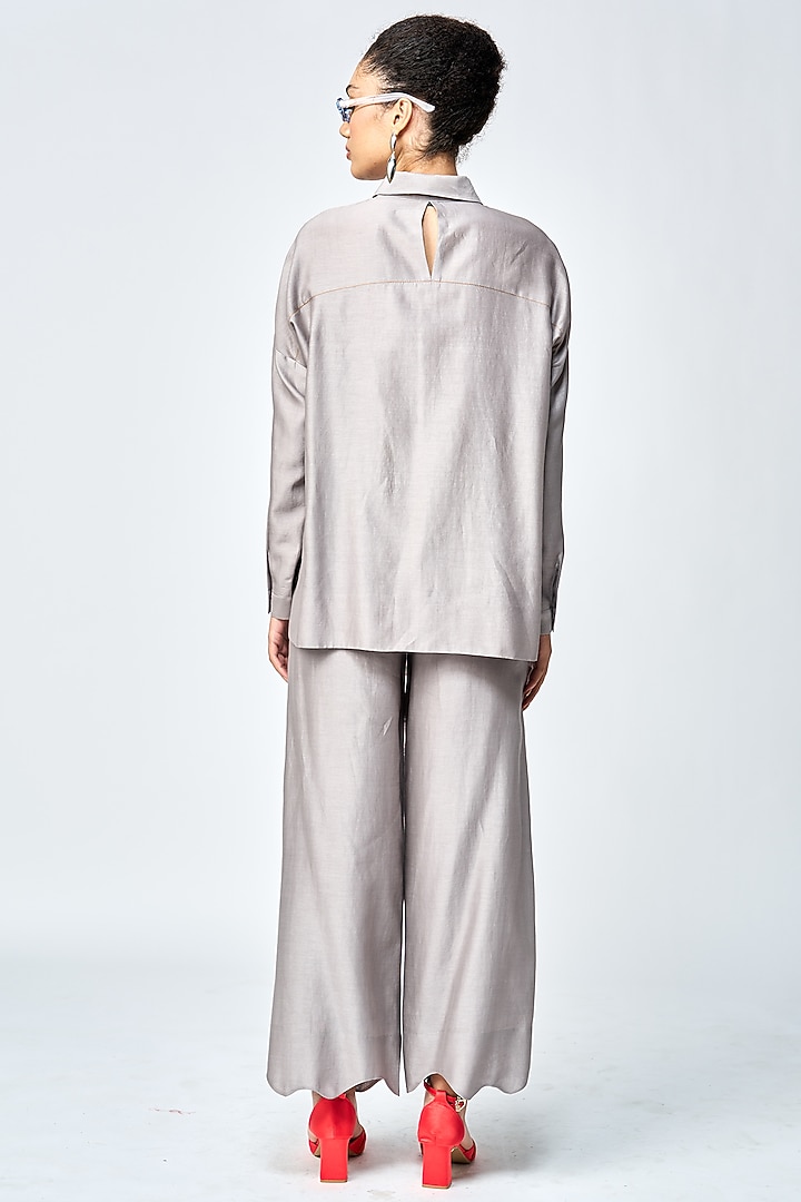 Grey Silk Chanderi Flared Pants by Shahin Mannan at Pernia's Pop Up Shop