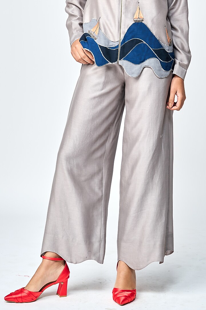 Grey Silk Chanderi Flared Pants by Shahin Mannan at Pernia's Pop Up Shop