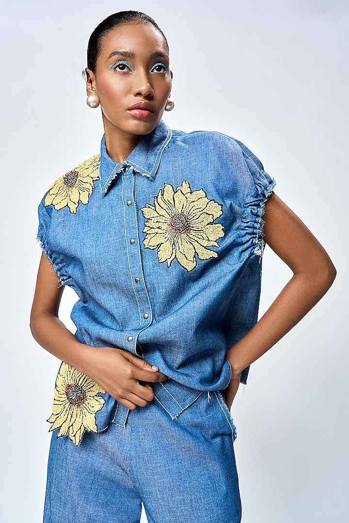 Steel Blue Denim Top by Shahin Mannan at Pernia's Pop Up Shop