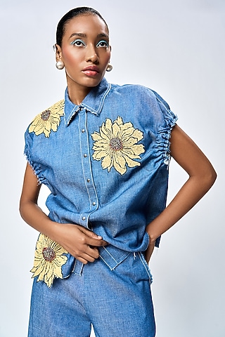 Steel Blue Denim Top by Shahin Mannan