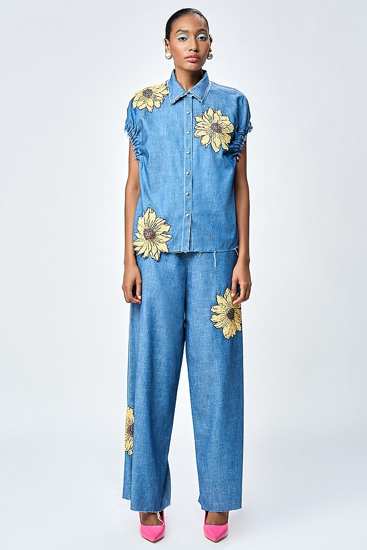 Steel Blue Denim Flared Pants by Shahin Mannan at Pernia's Pop Up Shop