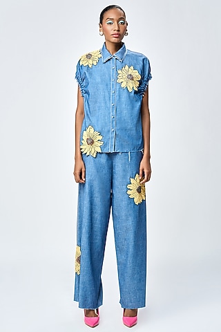 Steel Blue Denim Flared Pants by Shahin Mannan