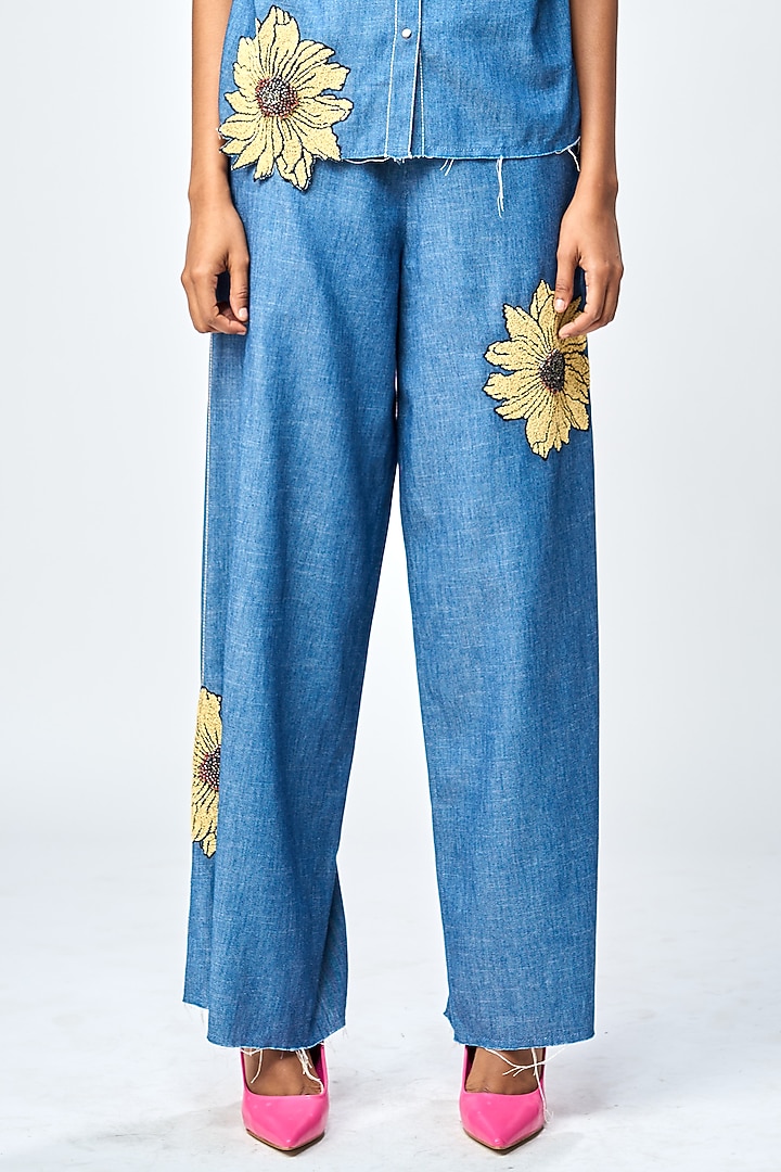 Steel Blue Denim Flared Pants by Shahin Mannan at Pernia's Pop Up Shop