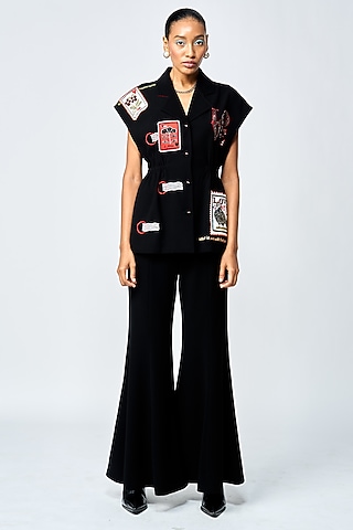 Black Japanese Crepe Bell-Bottom Pants by Shahin Mannan