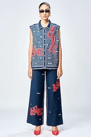 Deep Blue Denim Checkered Vest by Shahin Mannan