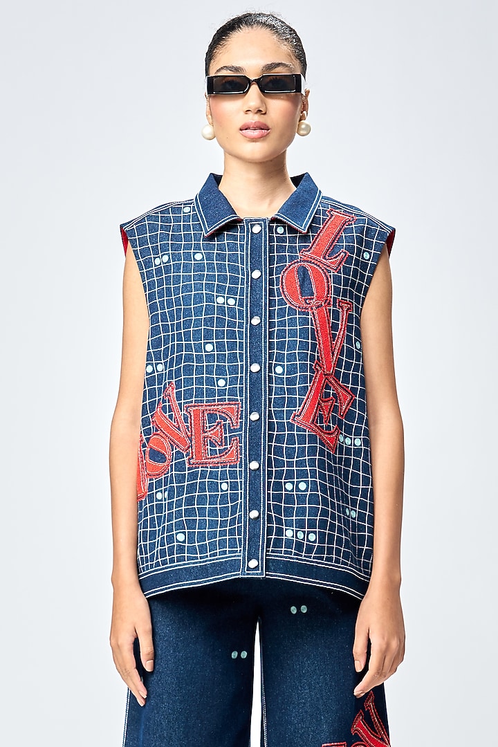 Deep Blue Denim Checkered Vest by Shahin Mannan at Pernia's Pop Up Shop
