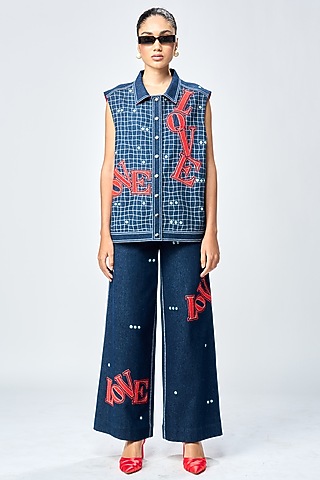 Deep Blue Denim Checkered Flared Pants by Shahin Mannan