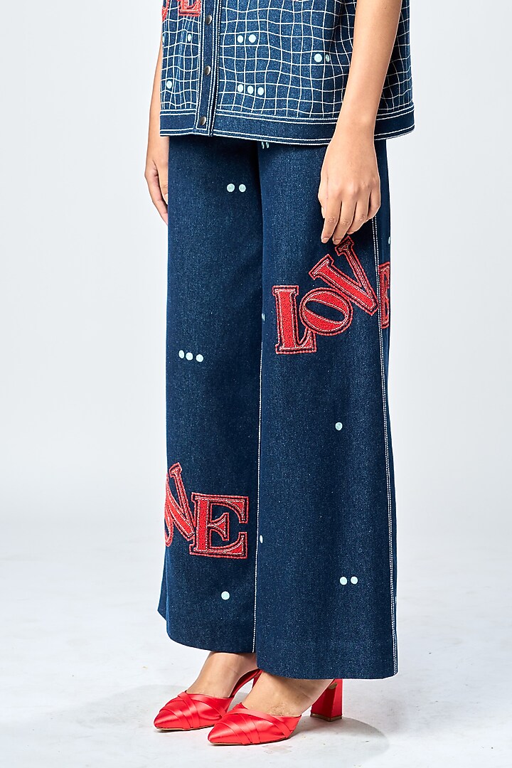Deep Blue Denim Checkered Flared Pants by Shahin Mannan at Pernia's Pop Up Shop