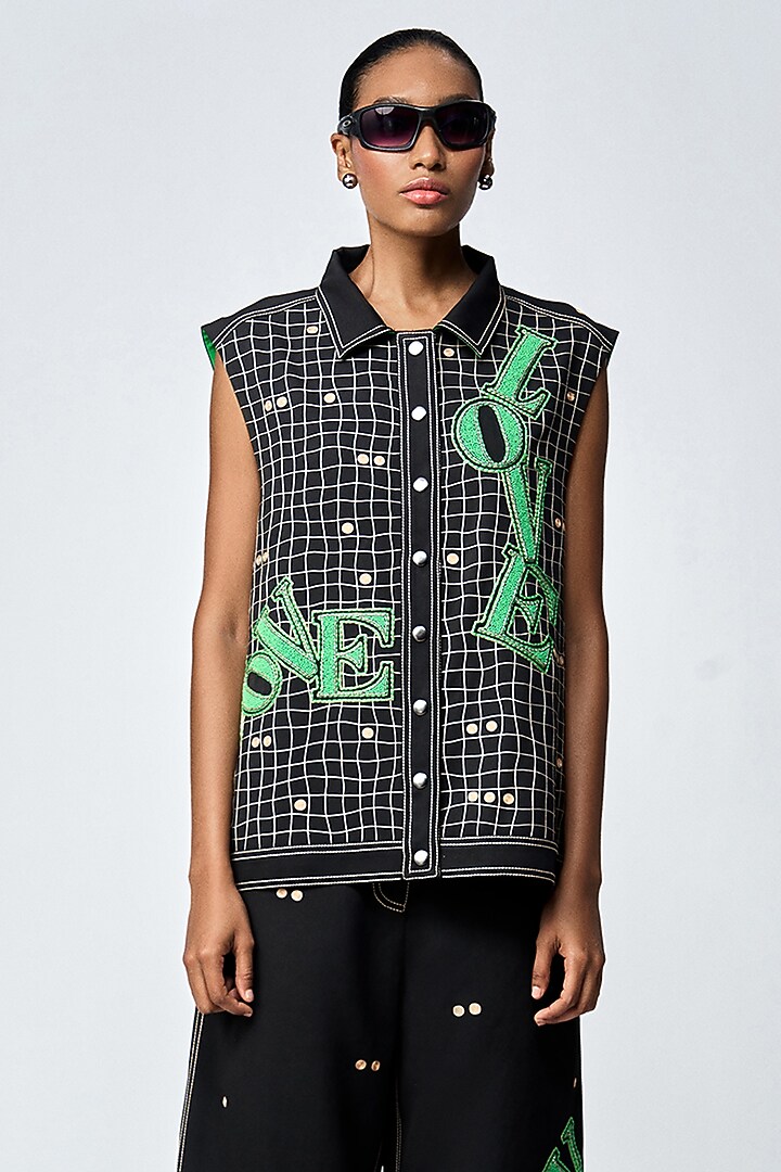 Black Double Crepe Checkered Co-Ord Set by Shahin Mannan at Pernia's Pop Up Shop
